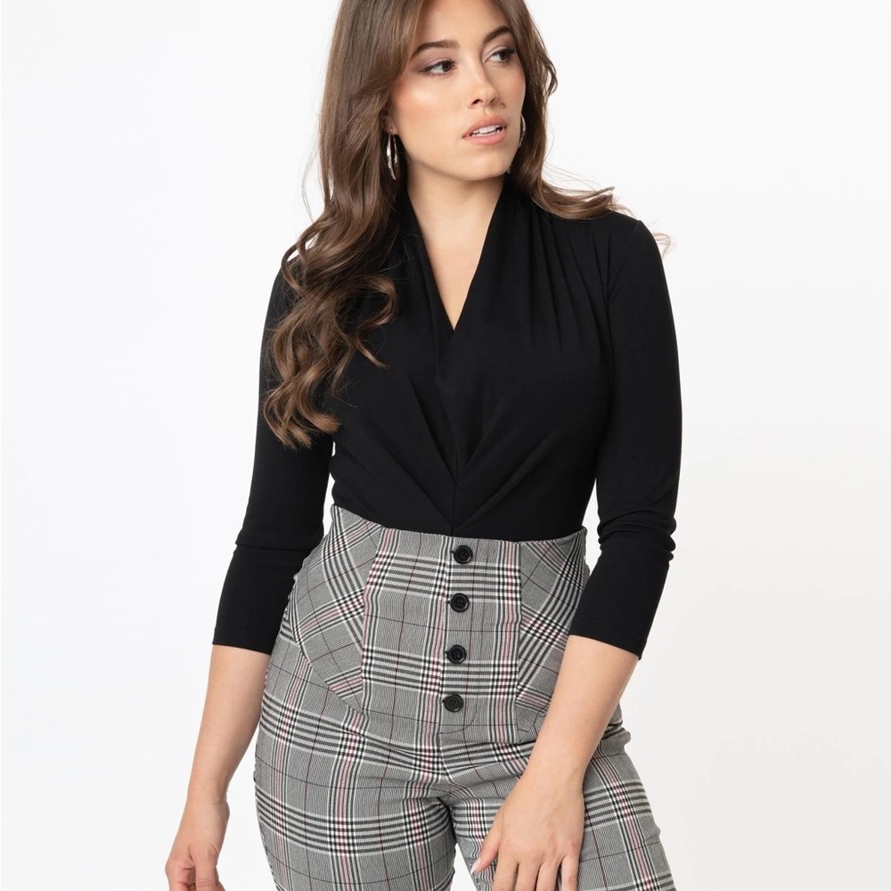NWT Unique Vintage Black Gathered Neckline Friday Night Bodysuit